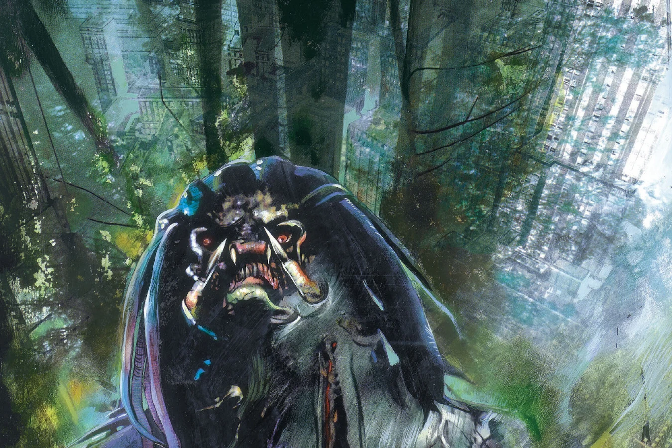 Miran Kim's painted cover for Predator: Dark River #4, with the Predator emerging from a murky green jungle