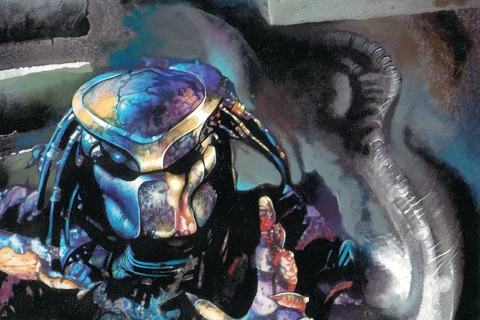 Miran Kim's painted cover for Predator: Dark River #2, with the masked Predator reaching out of the shadows