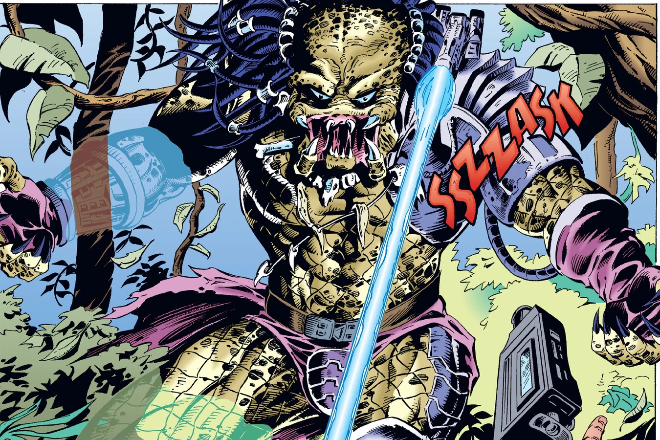The Predator decloaking in the trees and firing its plasma caster at Leon and his camcorder in the Predator: Dark River comic