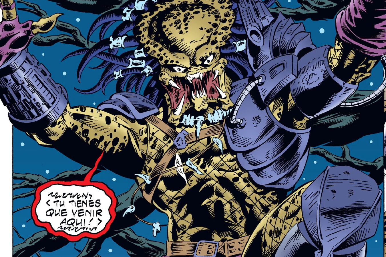 The Predator leaping down onto the gunboat as Schaefer turns to face it in the Predator: Dark River comic
