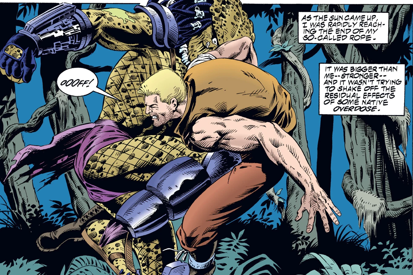 The Predator lifting the exhausted Schaefer off the ground at dawn in the Predator: Dark River comic