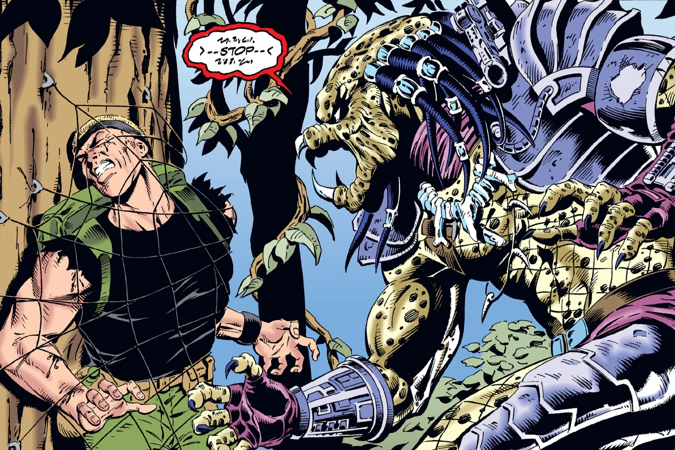 The Predator pinning a crew-cut observer to a tree with its net in the Predator: Dark River comic