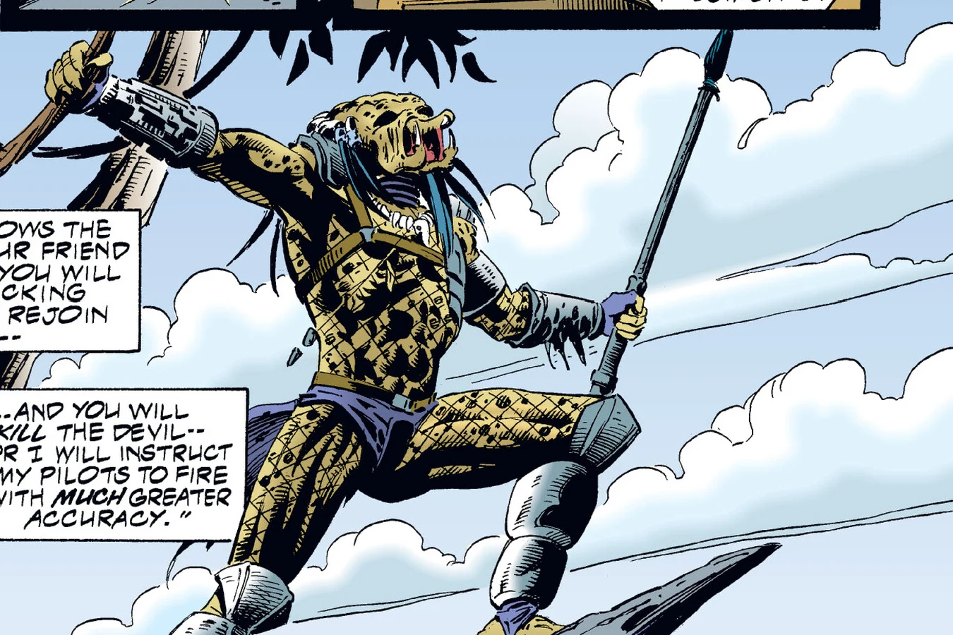 The Predator standing on a fallen tree with its spear in the daylight in the Predator: Dark River comic