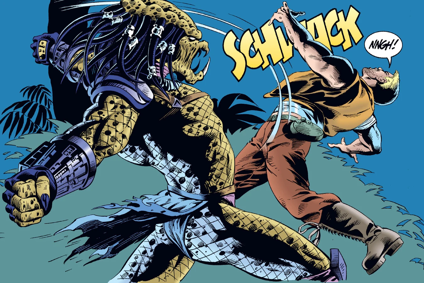 The Predator striking Schaefer from behind with its wrist blades as he kneels beside Mercer in the Predator: Dark River comic