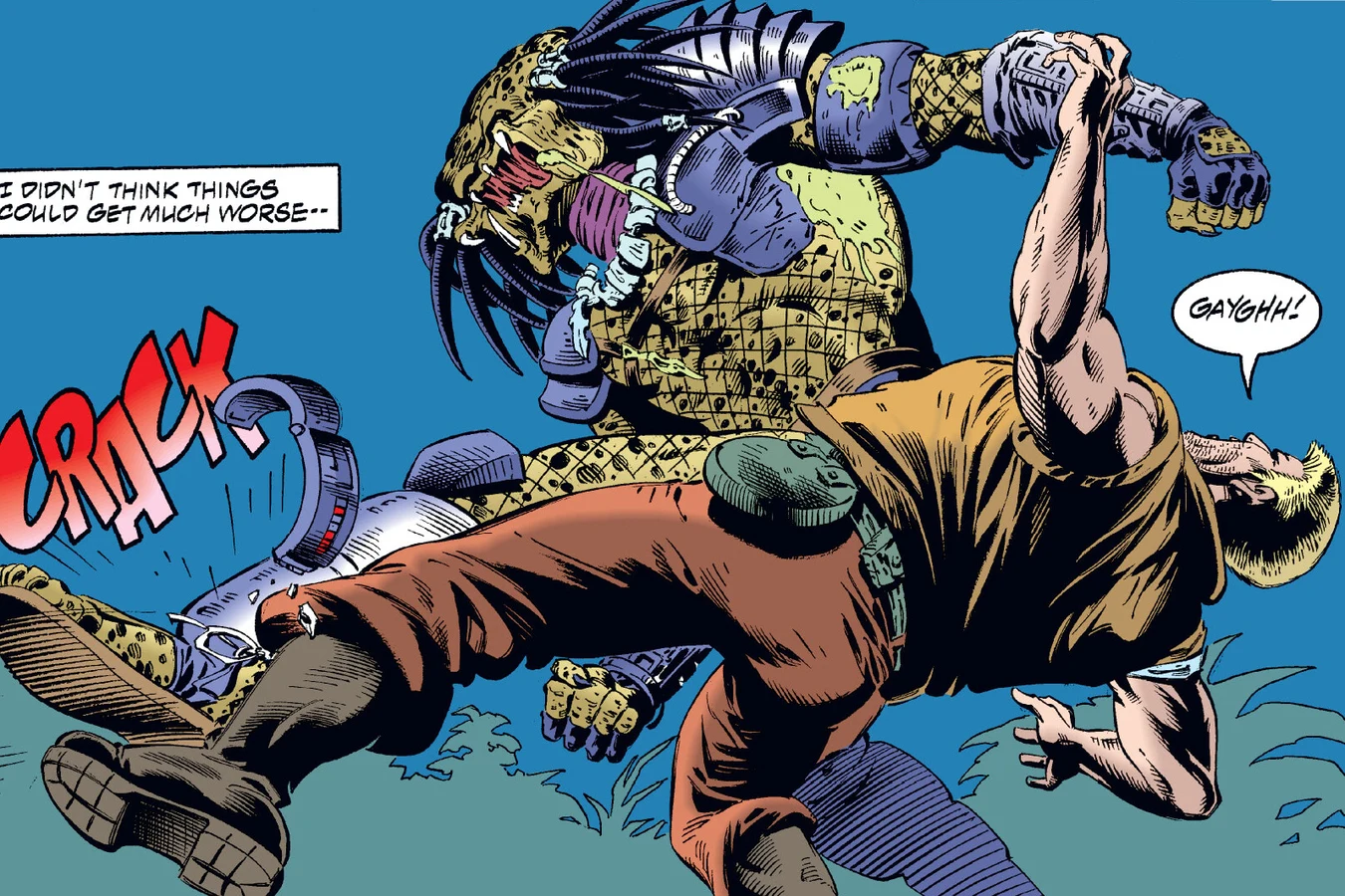 The Predator snapping Schaefer's ankle and breaking the seal on his tracker in the Predator: Dark River comic