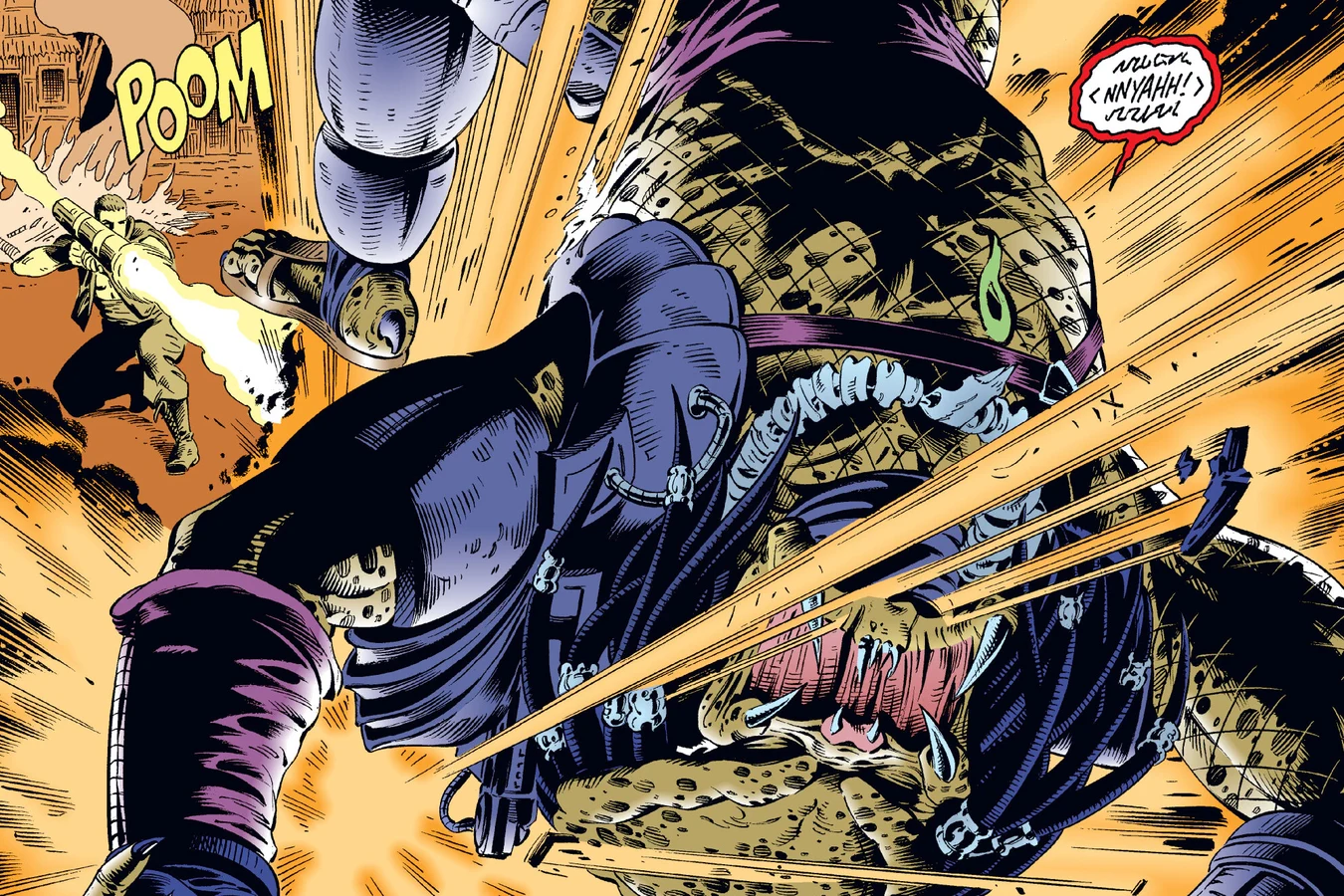 A rocket from Schaefer's launcher exploding against the Predator in the village in the Predator: Dark River comic