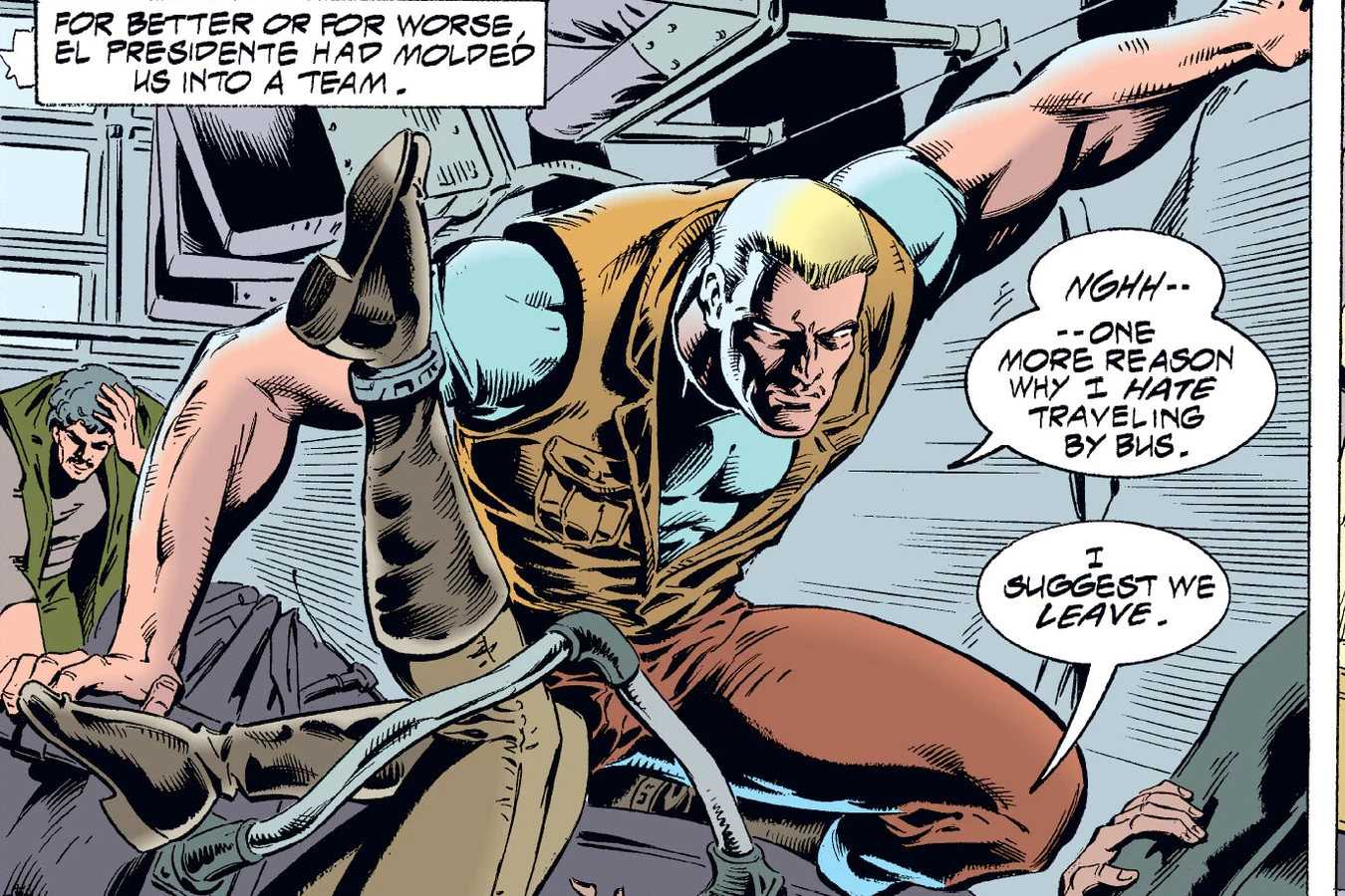 Schaefer climbing out of the overturned military truck after the ambush in the Predator: Dark River comic