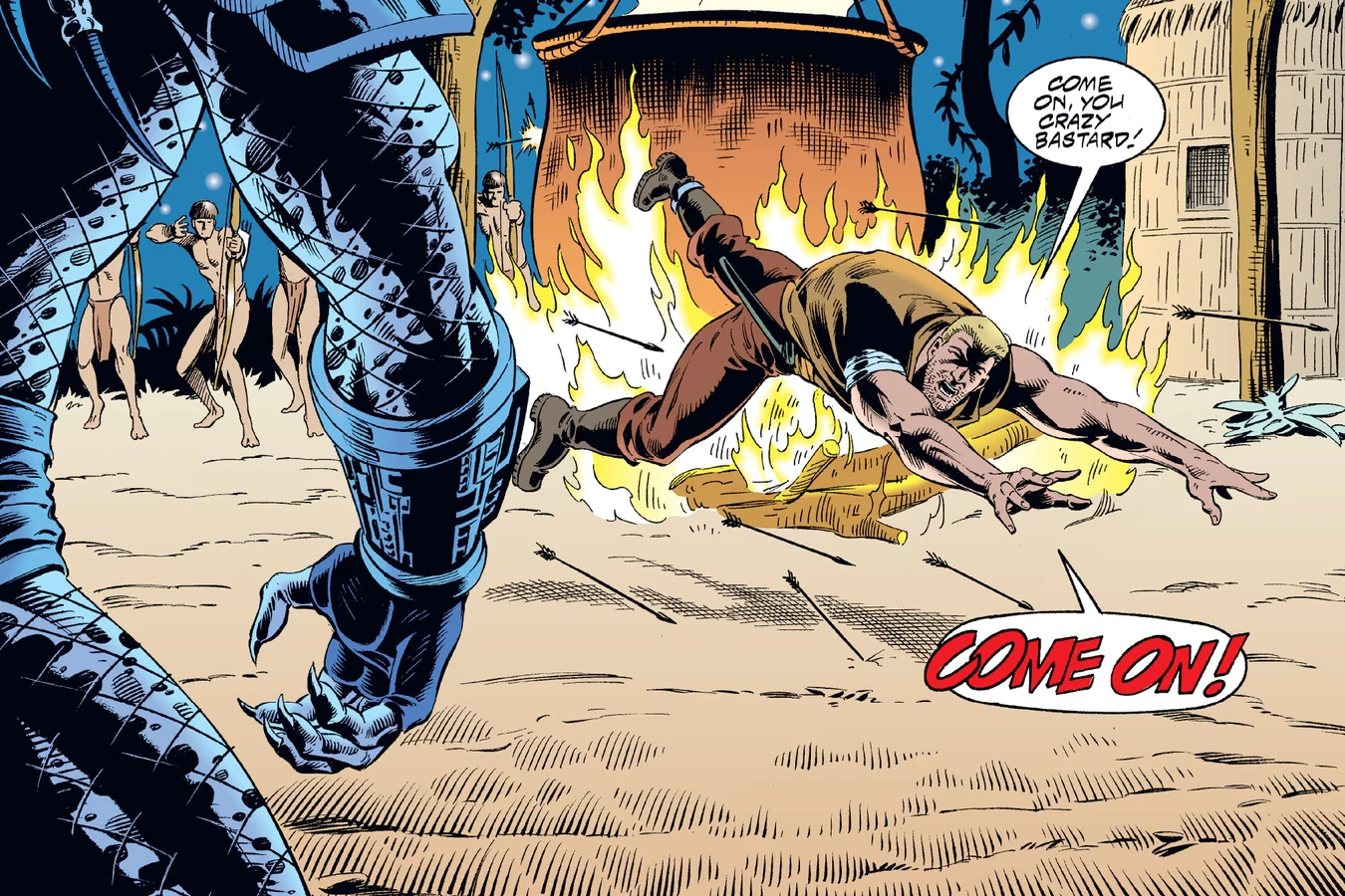Schaefer diving through the fire toward the poison cauldron as the natives close in in the Predator: Dark River comic