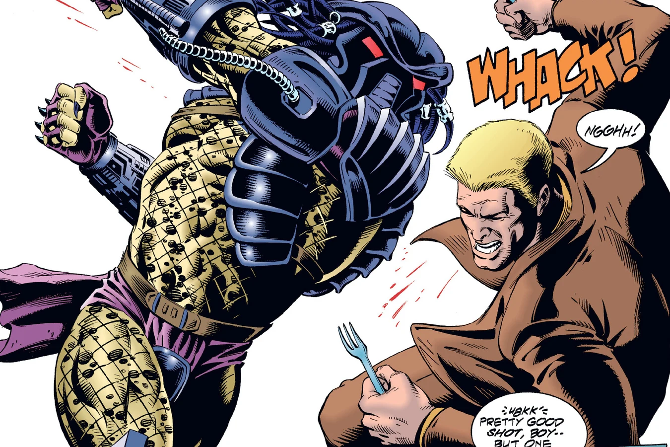 Schaefer fighting the Predator in the aisle of the airliner during his nightmare in the Predator: Dark River comic