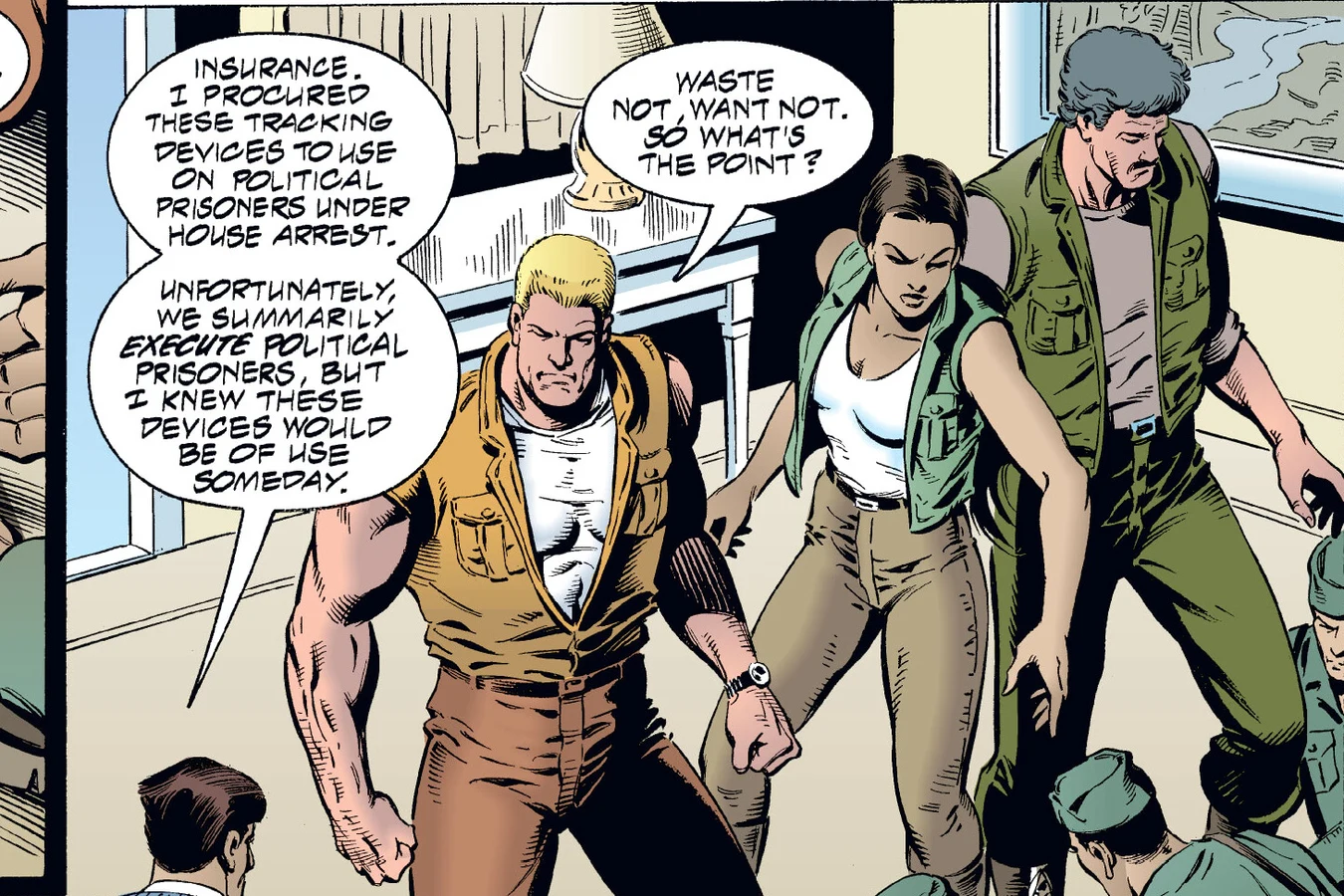 A soldier locking a tracking device around Schaefer's ankle in the palace in the Predator: Dark River comic