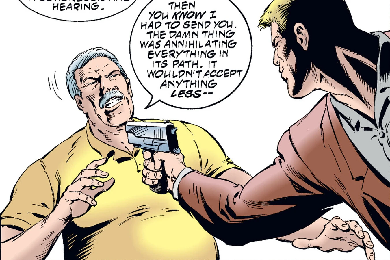 Schaefer holding General Philips at gunpoint on the golf course in the Predator: Dark River comic