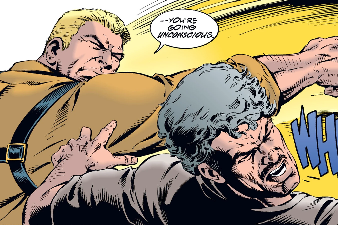Schaefer knocking Mercer unconscious in the hideout as Enoch looks on in the Predator: Dark River comic