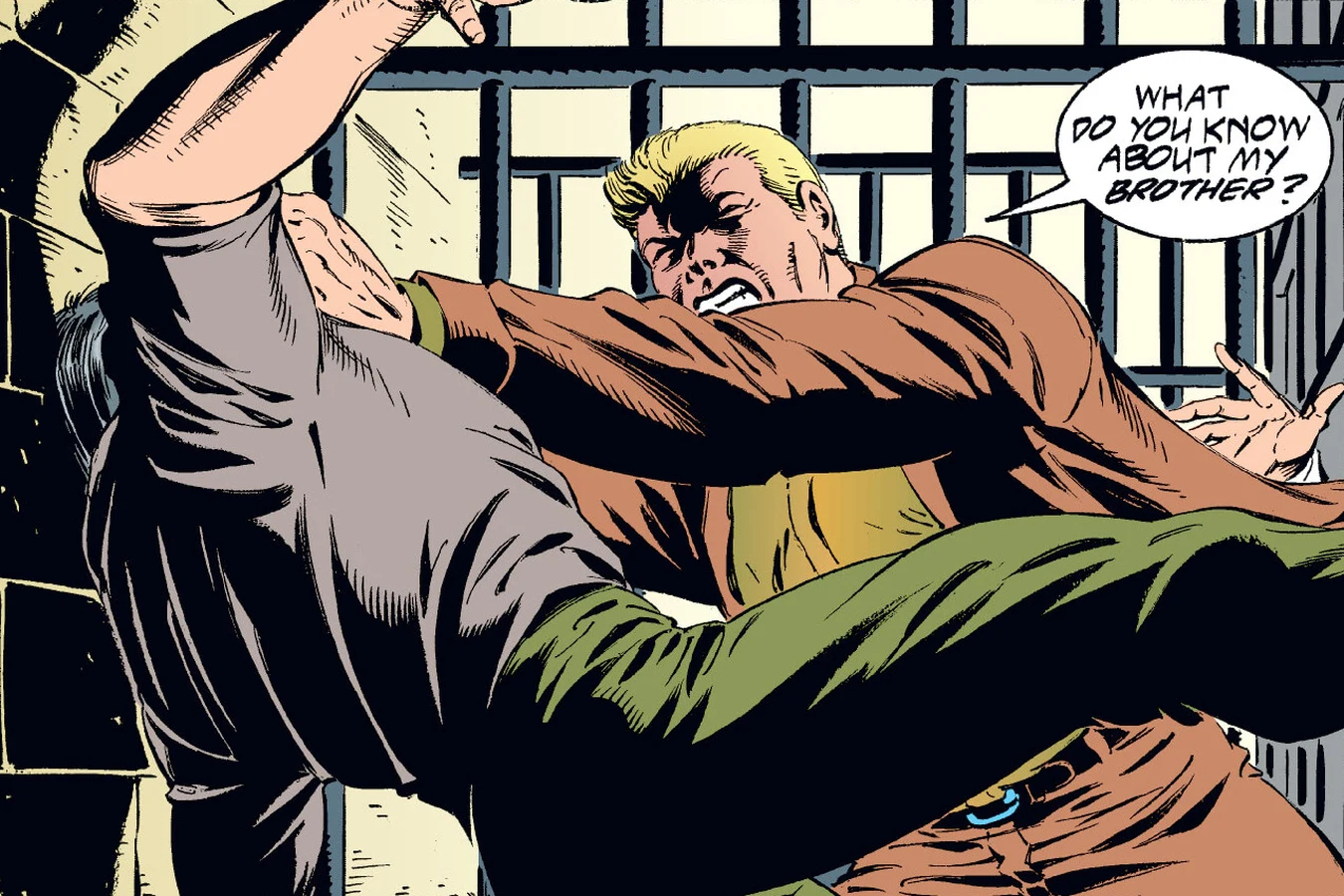 Schaefer slamming the captured pilot Mercer against the wall of his cell in the Predator: Dark River comic