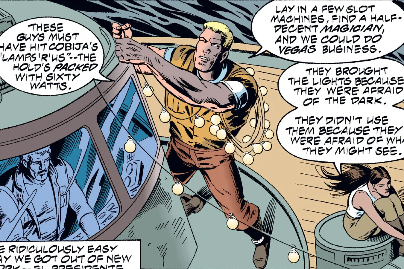 Schaefer stringing up the gunboat's sixty-watt light bulbs as Lopez watches in the Predator: Dark River comic