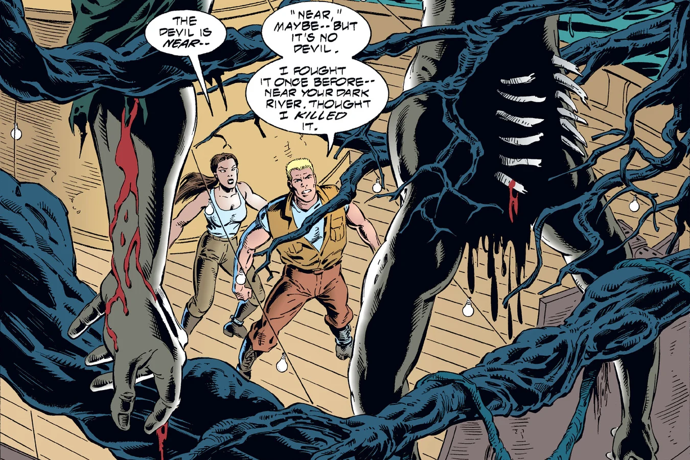 The skinned bodies of the renegade captives hanging in the branches above the gunboat in the Predator: Dark River comic