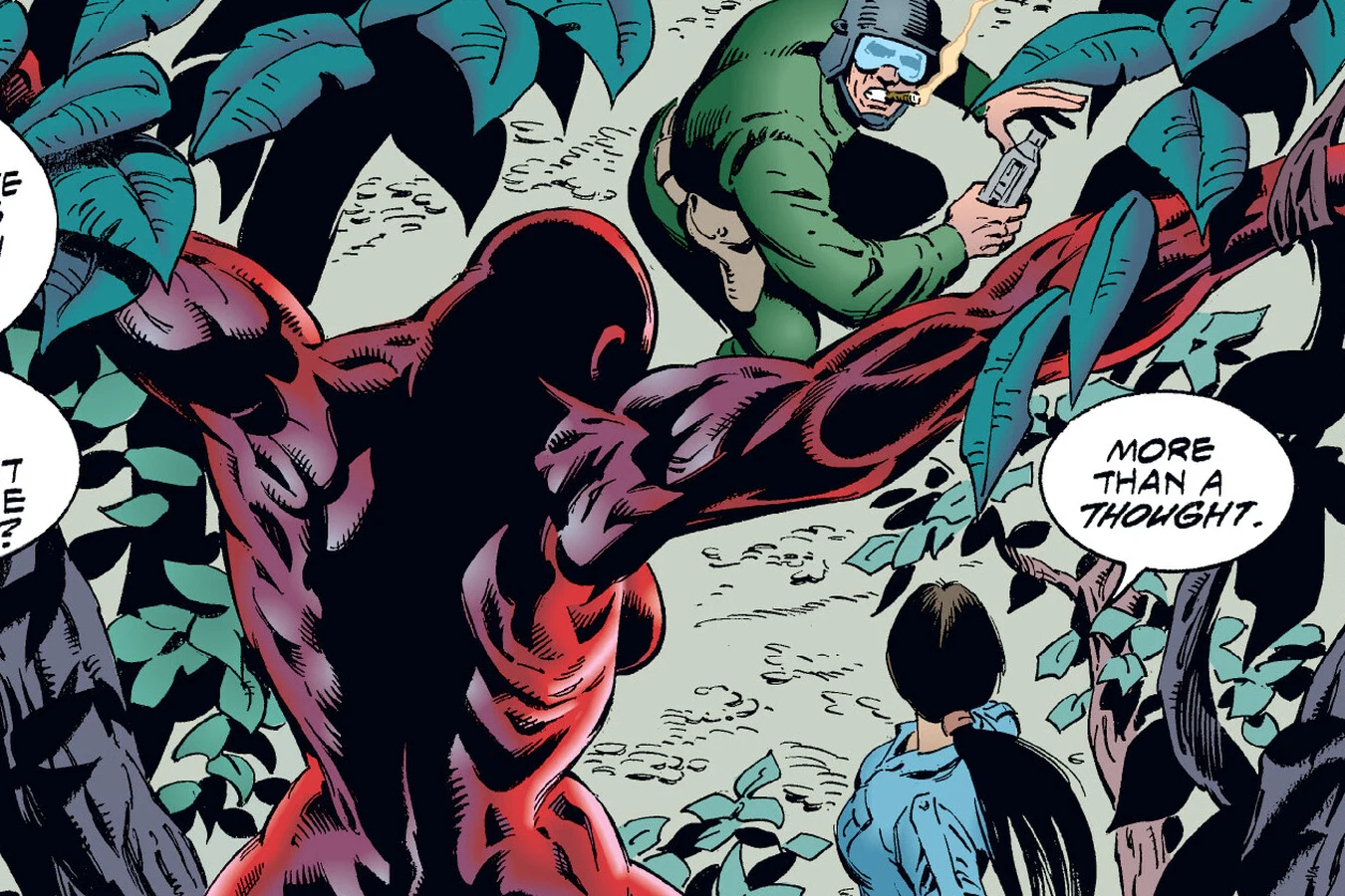 A skinned corpse hanging in a tree above the abandoned camp of the first team in the Predator: Dark River comic