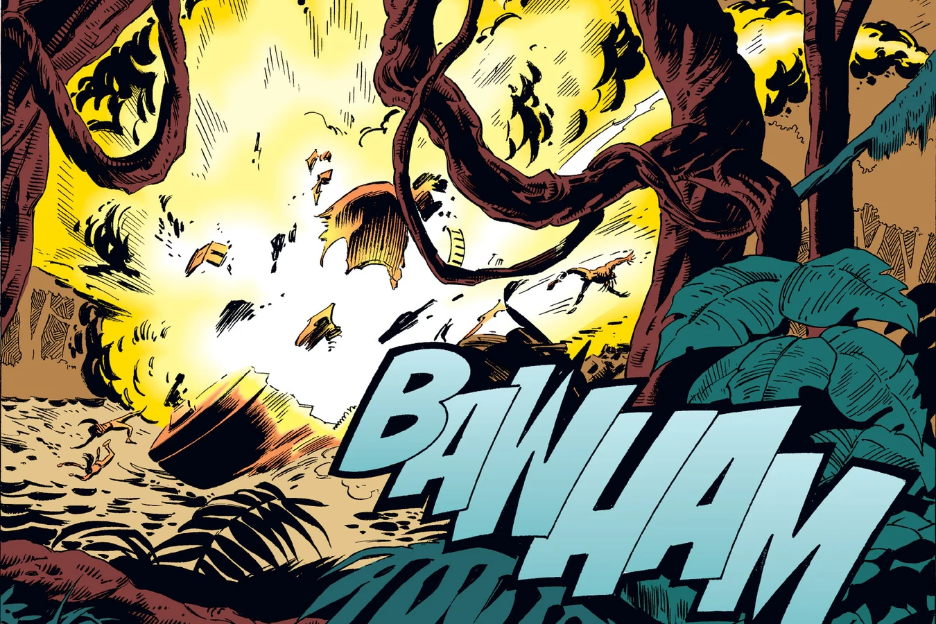 The renegade gunboat exploding in a ball of fire on the river in the Predator: Dark River comic