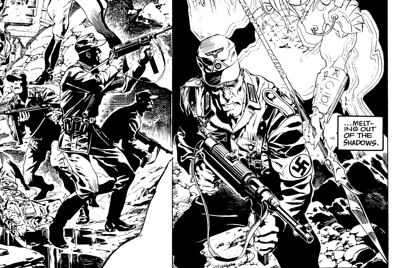 A cloaked Predator with a spear stands behind a Nazi officer with a swastika armband as other soldiers aim their guns in the rocks
