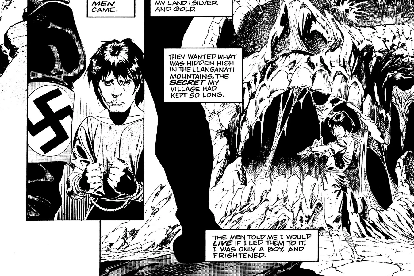 A bound boy stands before a giant carved skull cave while a Nazi soldier with a swastika armband holds him, from Predator: Demon's Gold