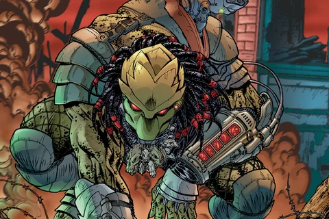 Dan Norton's cover for Predator: Demon's Gold, with a Predator holding a Nazi flag over skulls and barbed wire