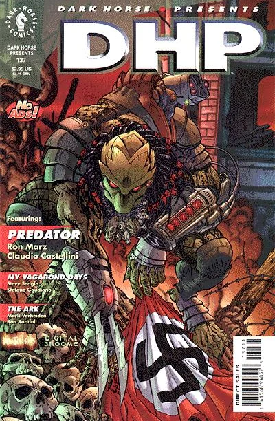 Dan Norton's painted cover for Dark Horse Presents #137, with a Predator holding a Nazi flag over a pile of skulls