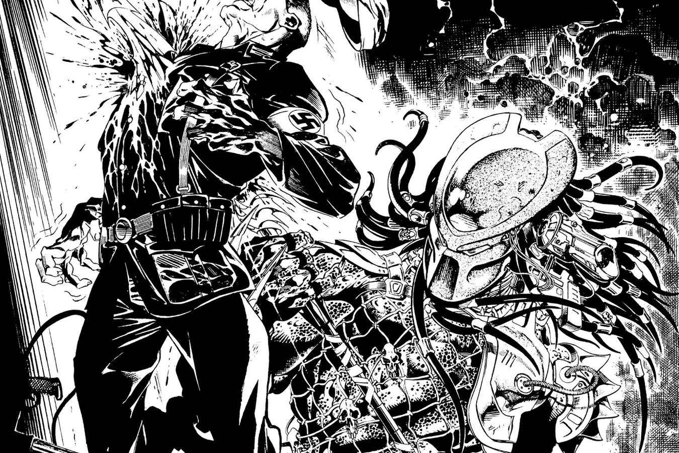 A masked Predator drives a spear through the chest of a Nazi soldier with a swastika armband in a mountain cave