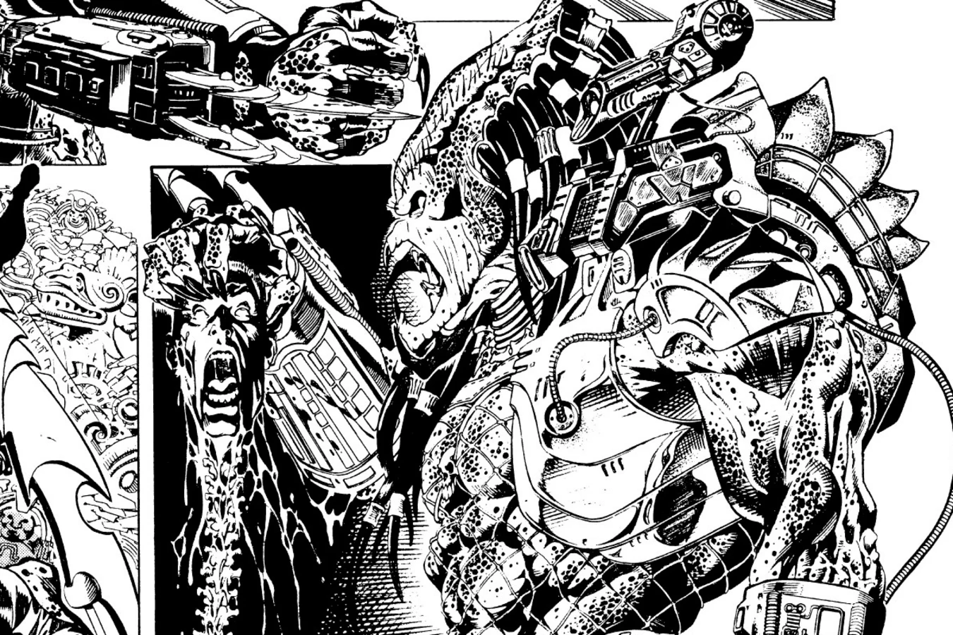 An unmasked Predator roars while holding up a severed human head with the spine still attached, from Predator: Demon's Gold
