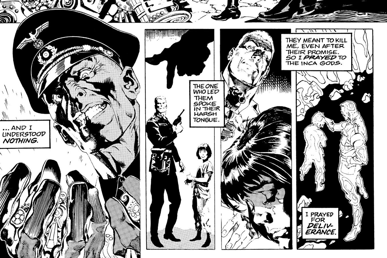 A Nazi officer snarls as a Predator's clawed hand reaches into frame, beside panels of soldiers threatening a praying boy, from Predator: Demon's Gold