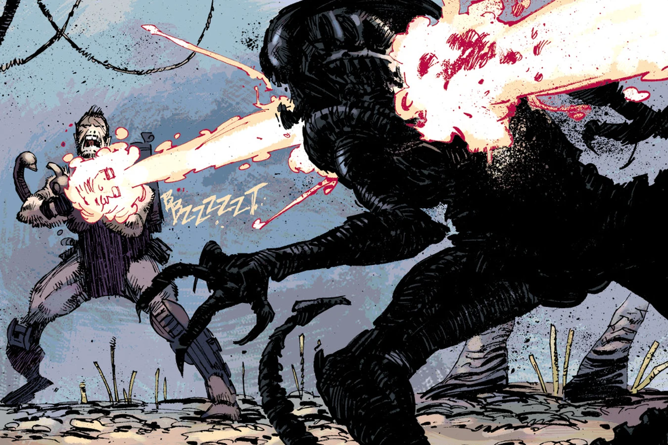 Ahab firing a plasma caster into a Xenomorph on LV-223 while survivors watch
