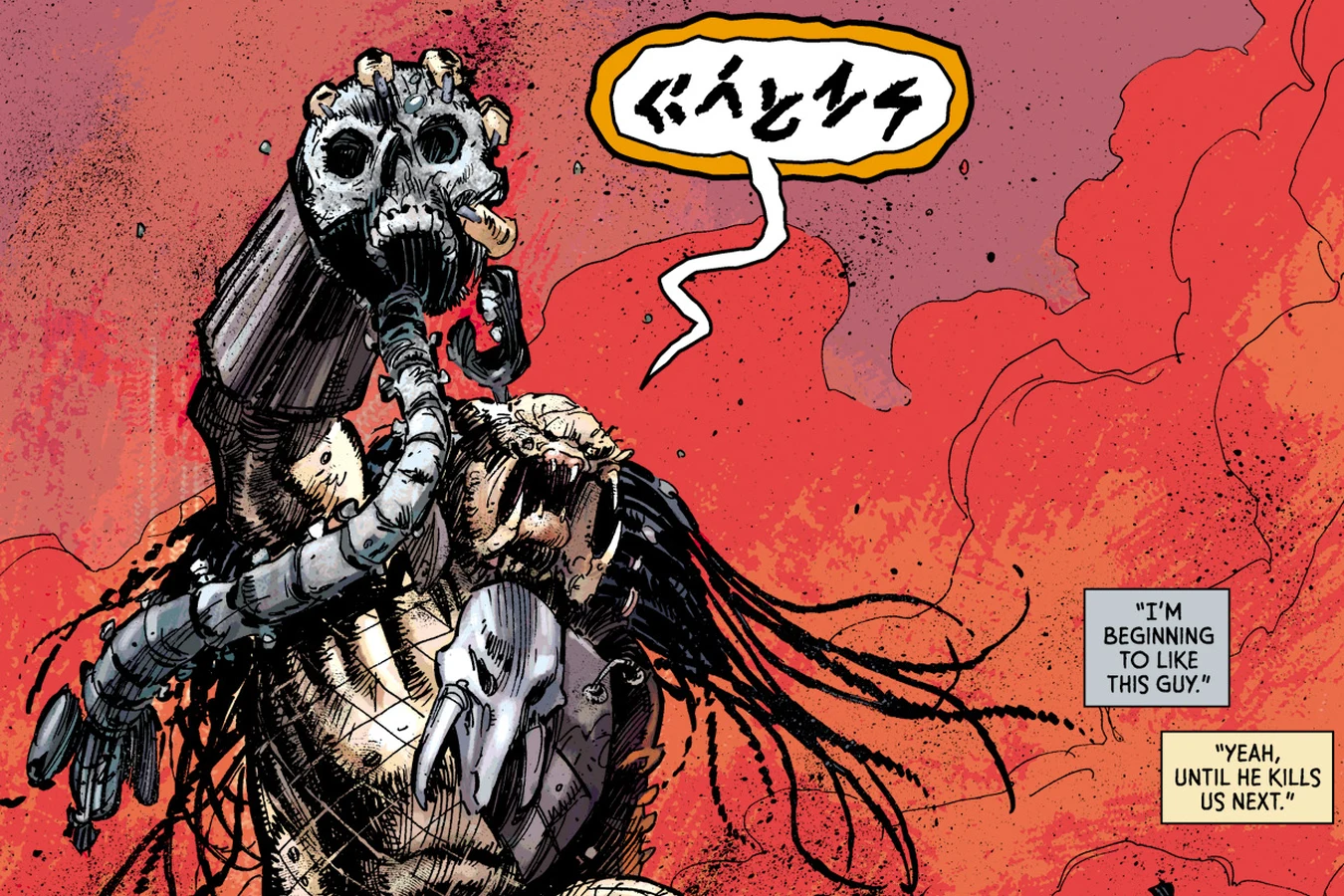 Ahab holding an Engineer skull aloft against a red sky after the kill on LV-223