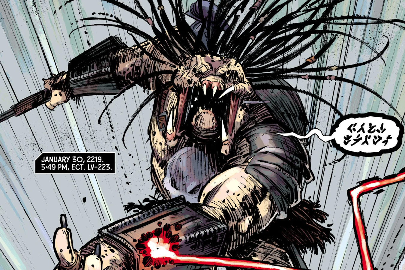 Unmasked Predator leaping forward as a red energy line lashes toward Galgo on LV-223