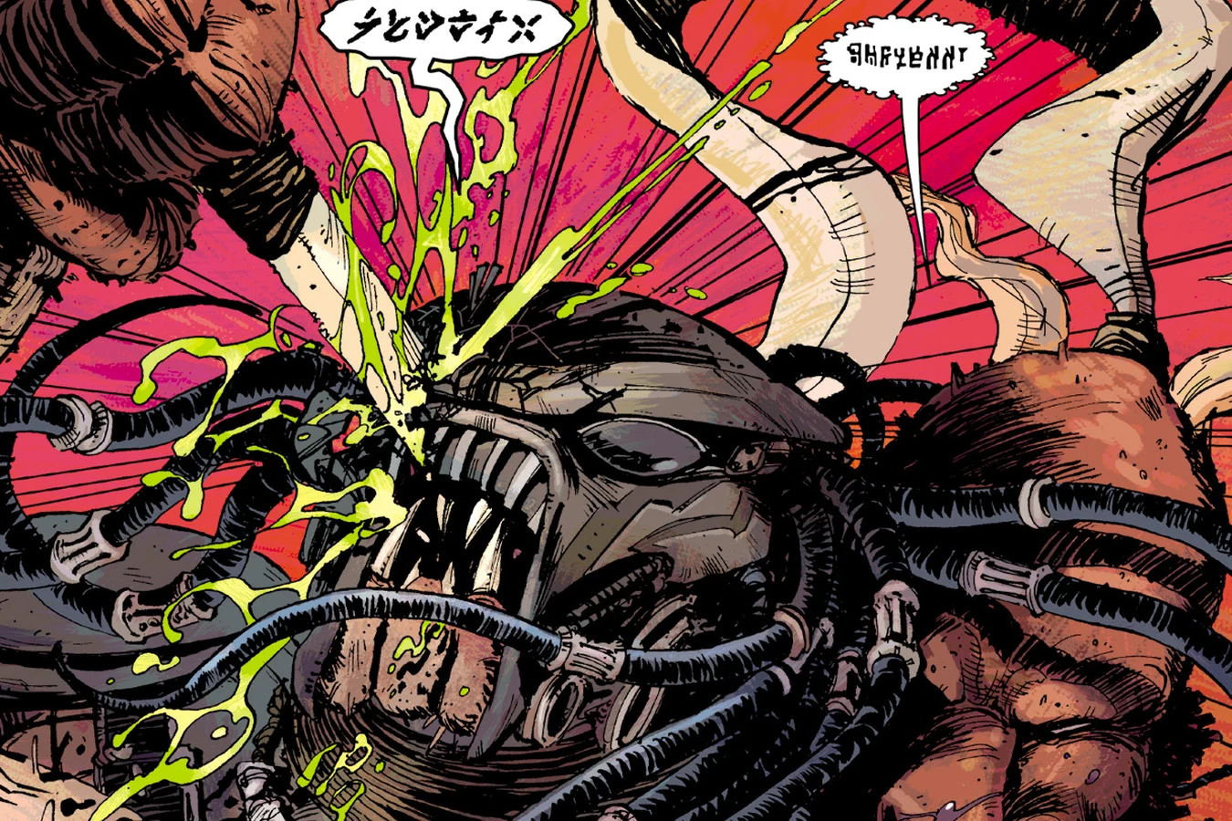 Predator driving a blade into a four-armed UE-753 warrior in a spray of green blood