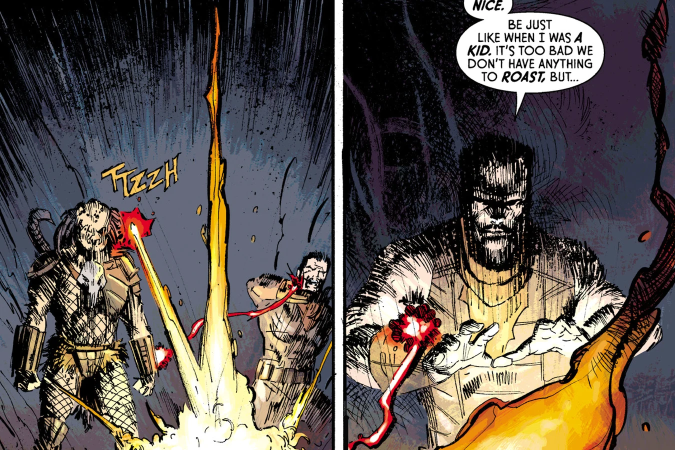 Ahab and Galgo beside a flare that lit their campfire on LV-223, and Galgo warming his hands over the flames