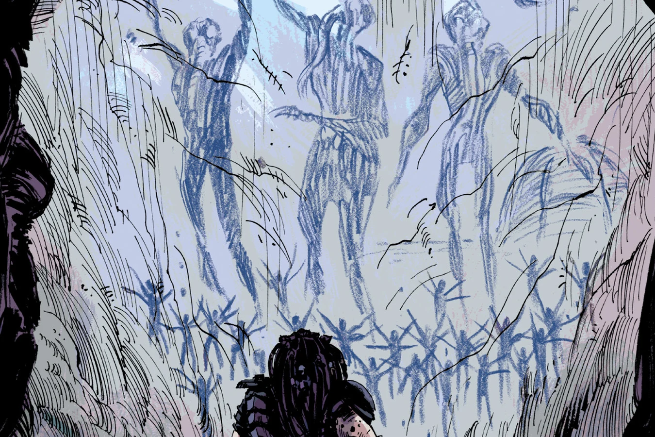 Predator holding a severed head before a glowing blue cave mural of giant Engineer figures