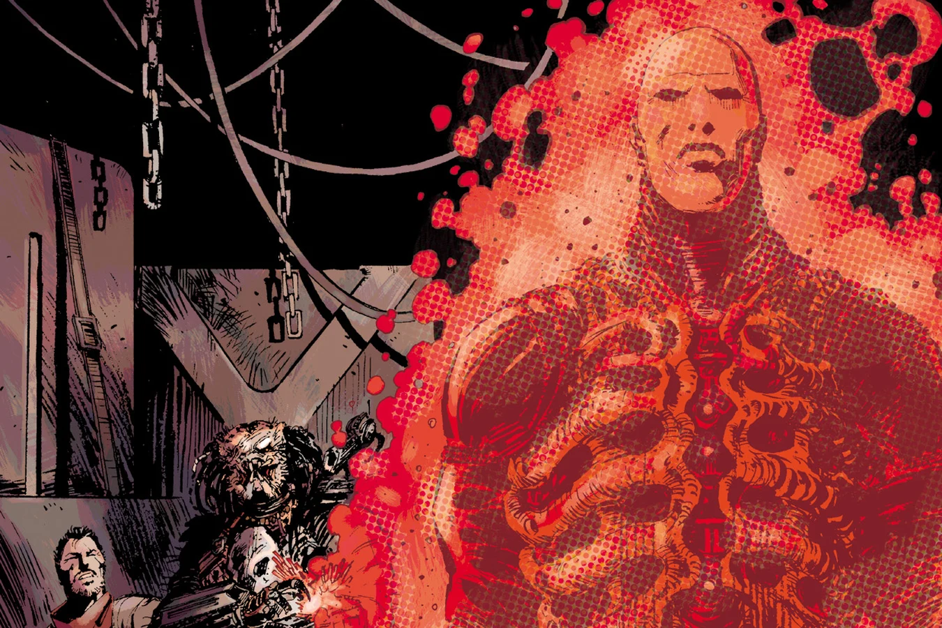 Galgo and an unmasked Predator facing a red Engineer hologram in the Perses hold