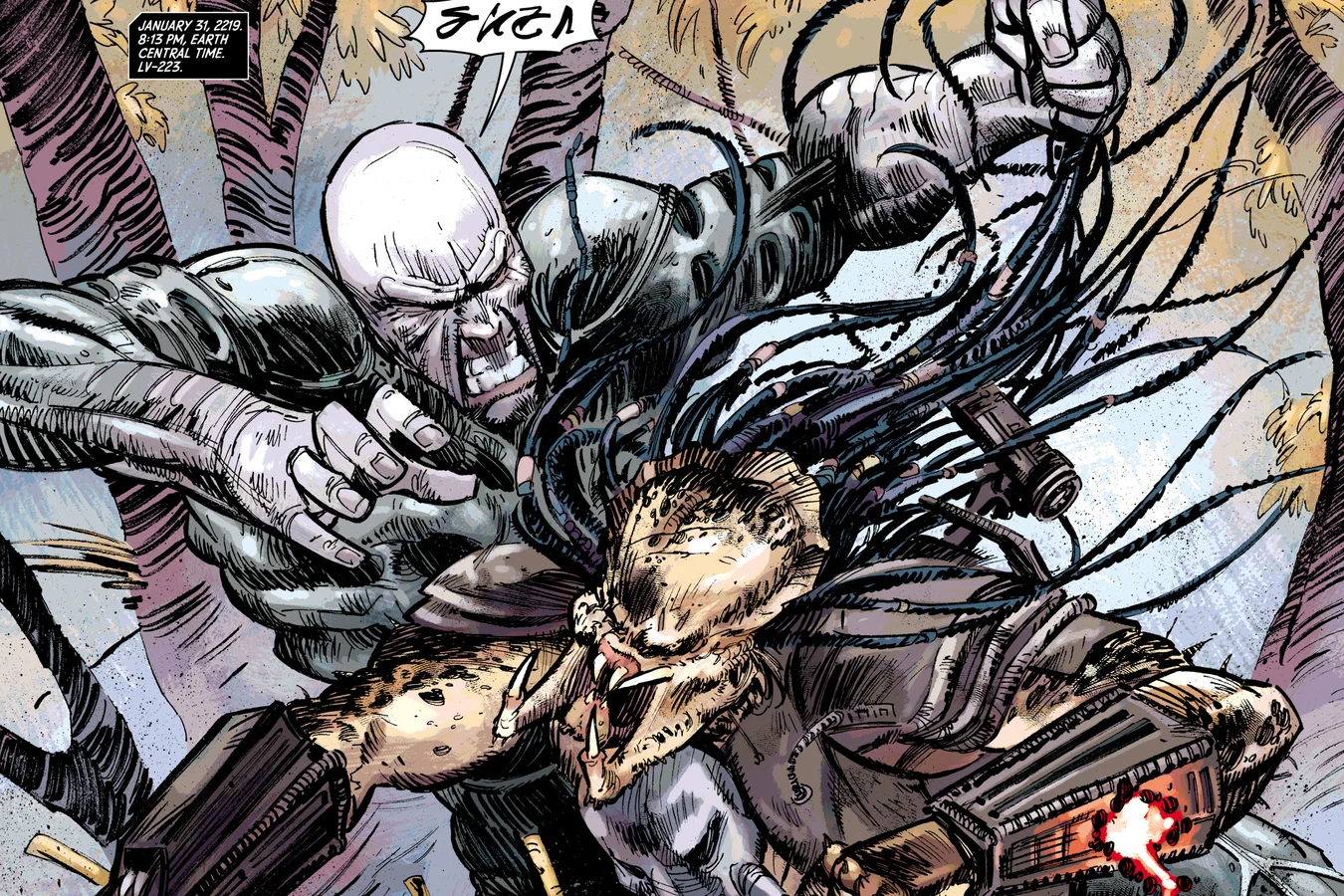 Engineer yanking Ahab by the dreadlocks on LV-223 on 31 January 2219 as sparks flew from the hunter's gauntlet