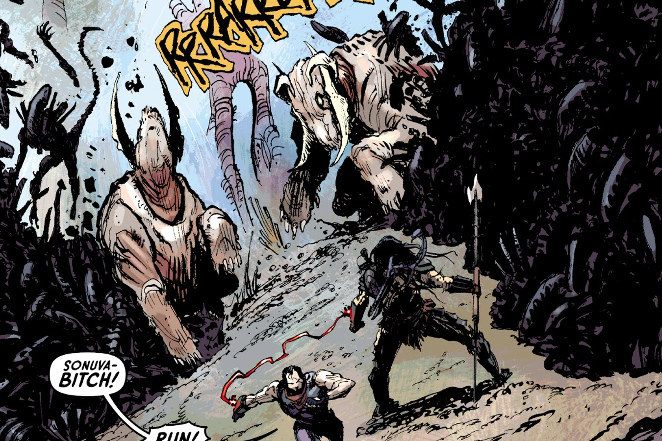 Galgo and a Predator running from a Xenomorph swarm and horned beasts on LV-223
