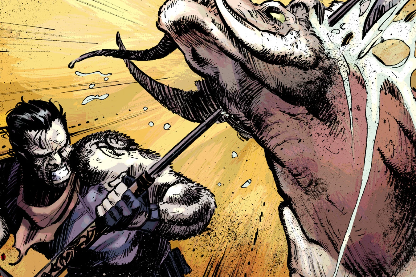 Galgo driving a spear through a horned beast while a Predator watches on LV-223
