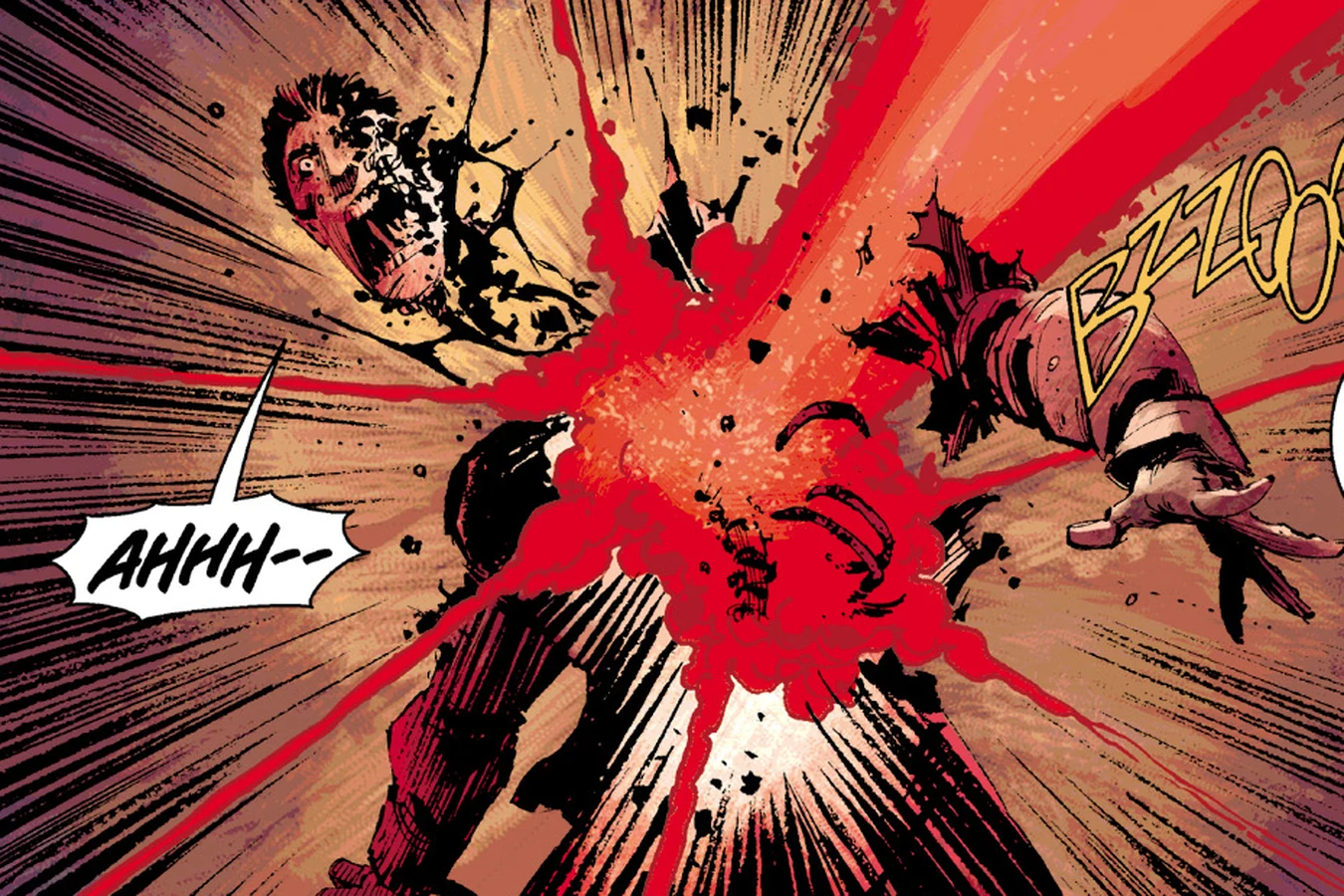 Piper blasted through the chest by a Predator plasma bolt in a Perses corridor