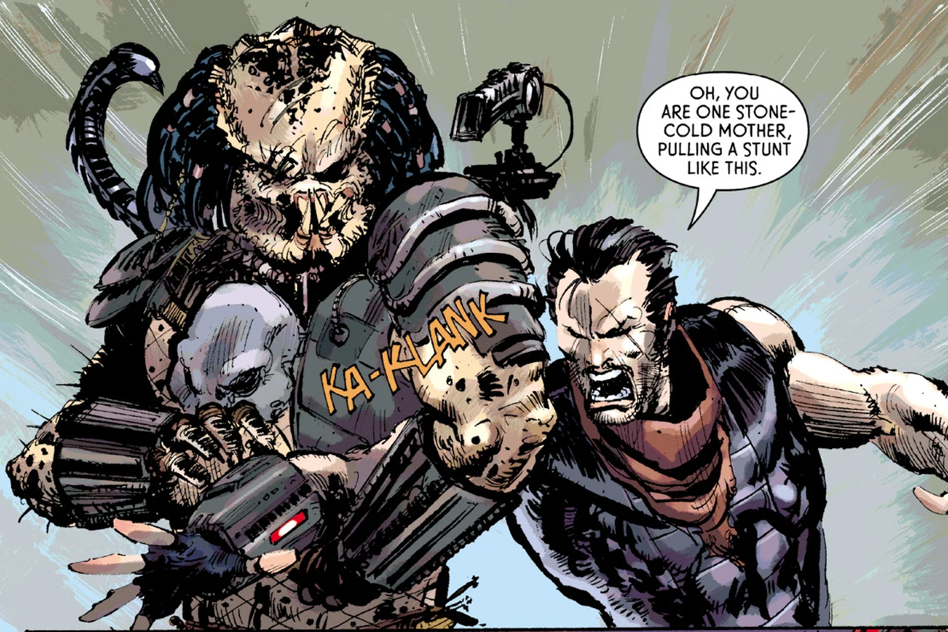 Unmasked Predator gripping Galgo, who called him one stone-cold mother, after the return to LV-223