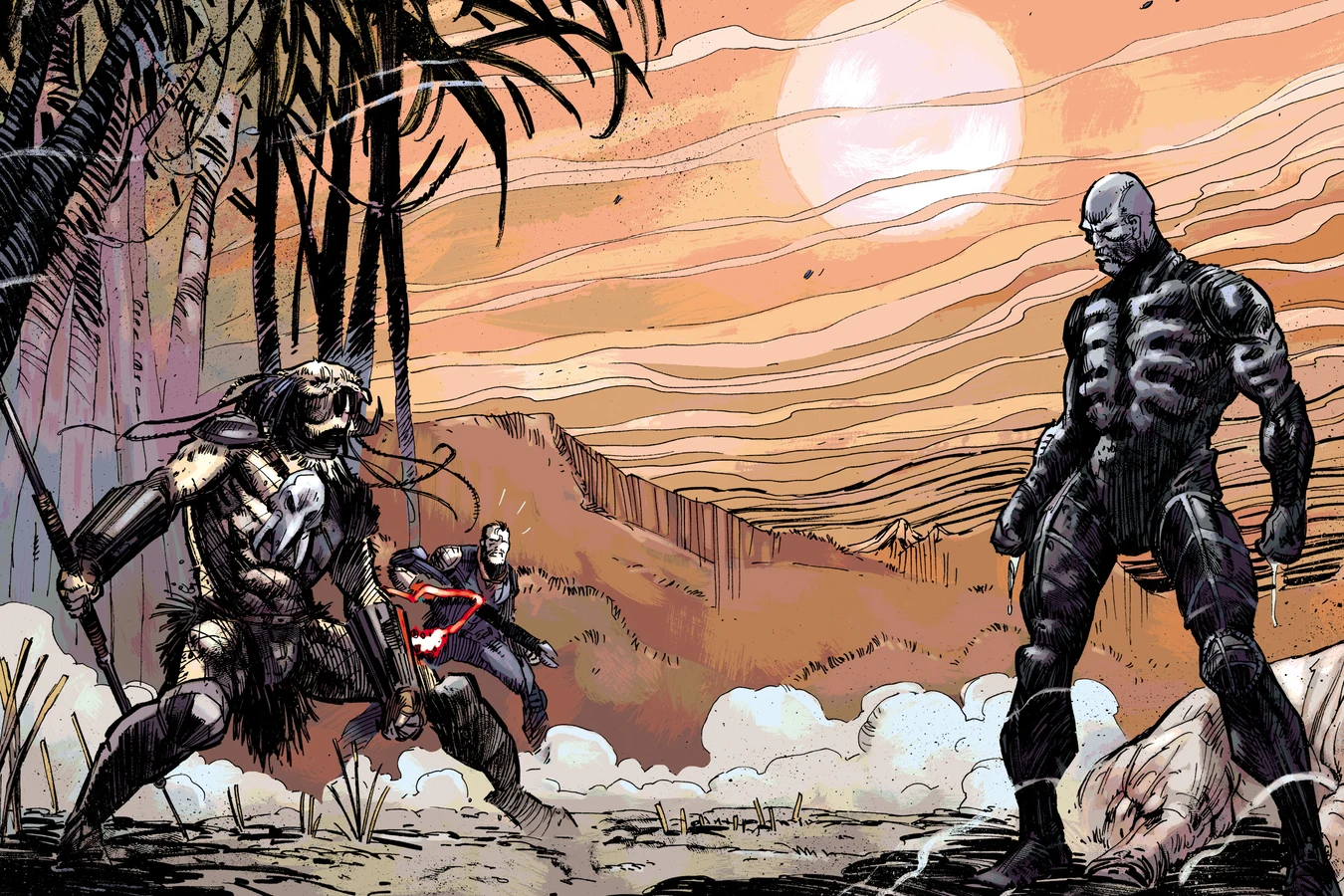 Predator and Engineer facing each other on an LV-223 plain with Galgo between them