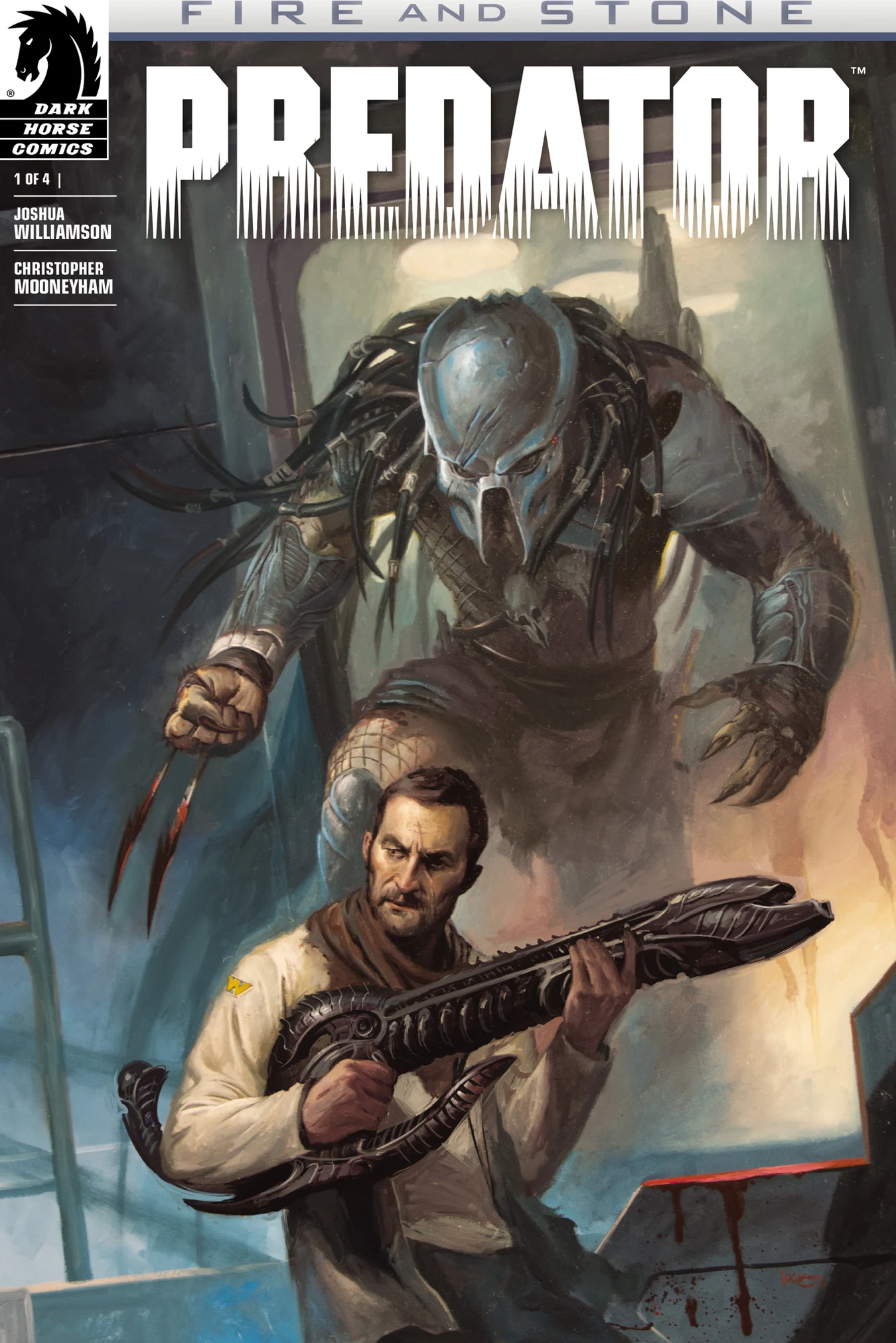 Lucas Graciano cover for Predator: Fire and Stone #1, Galgo with a rifle and a Predator behind him