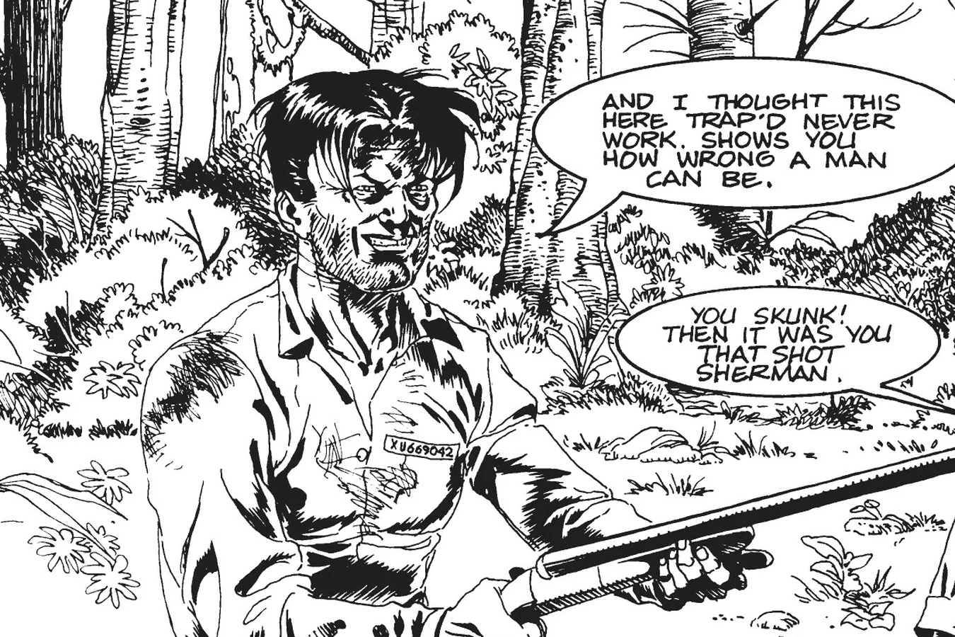 The escaped convict holding the lead guard's rifle as he gloats over the snared man in Predator: God's Truth