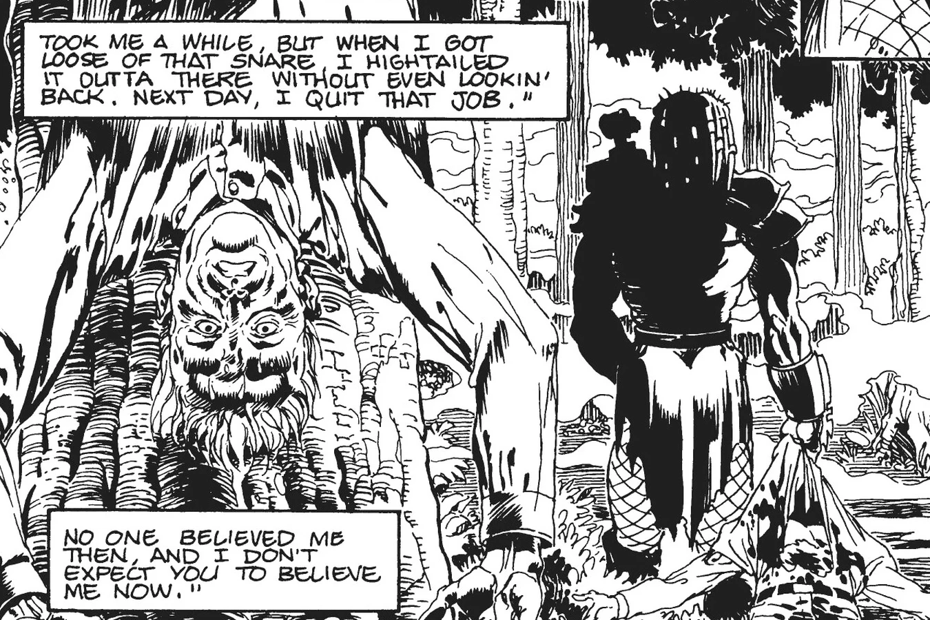 The lead guard hanging upside down in the snare as the Predator drags the convict's body away in Predator: God's Truth