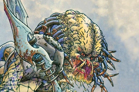 Dave Dorman and Lurene Haines' painted cover for Dark Horse Presents #46, with a blood-spattered Predator holding a spear and wrist blades