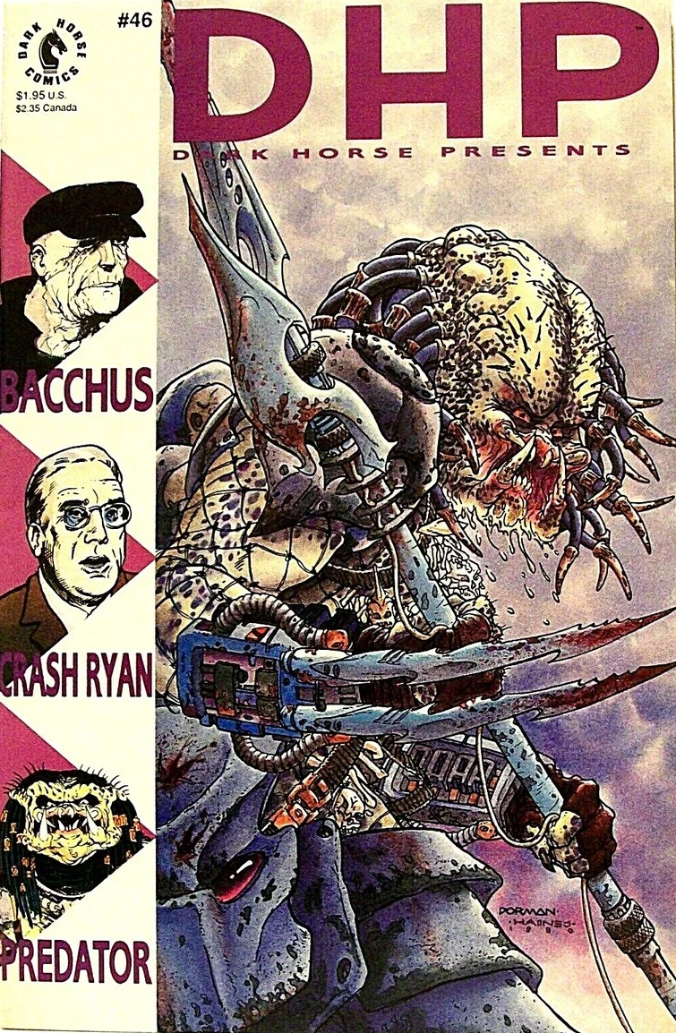 Dave Dorman and Lurene Haines' painted cover for Dark Horse Presents #46, with a blood-spattered Predator holding a spear and wrist blades