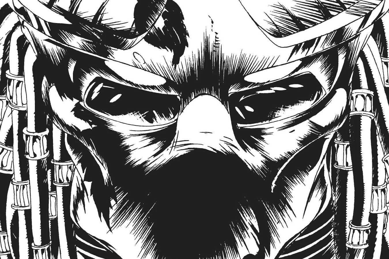 A close-up of the Predator's mask and dreadlocks as it watches the convict in Predator: God's Truth