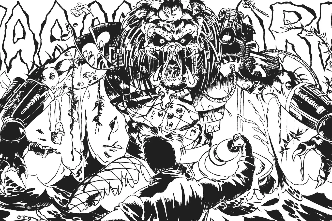 The unmasked Predator rising from the swamp with a roar as it towers over Sherman in Predator: God's Truth