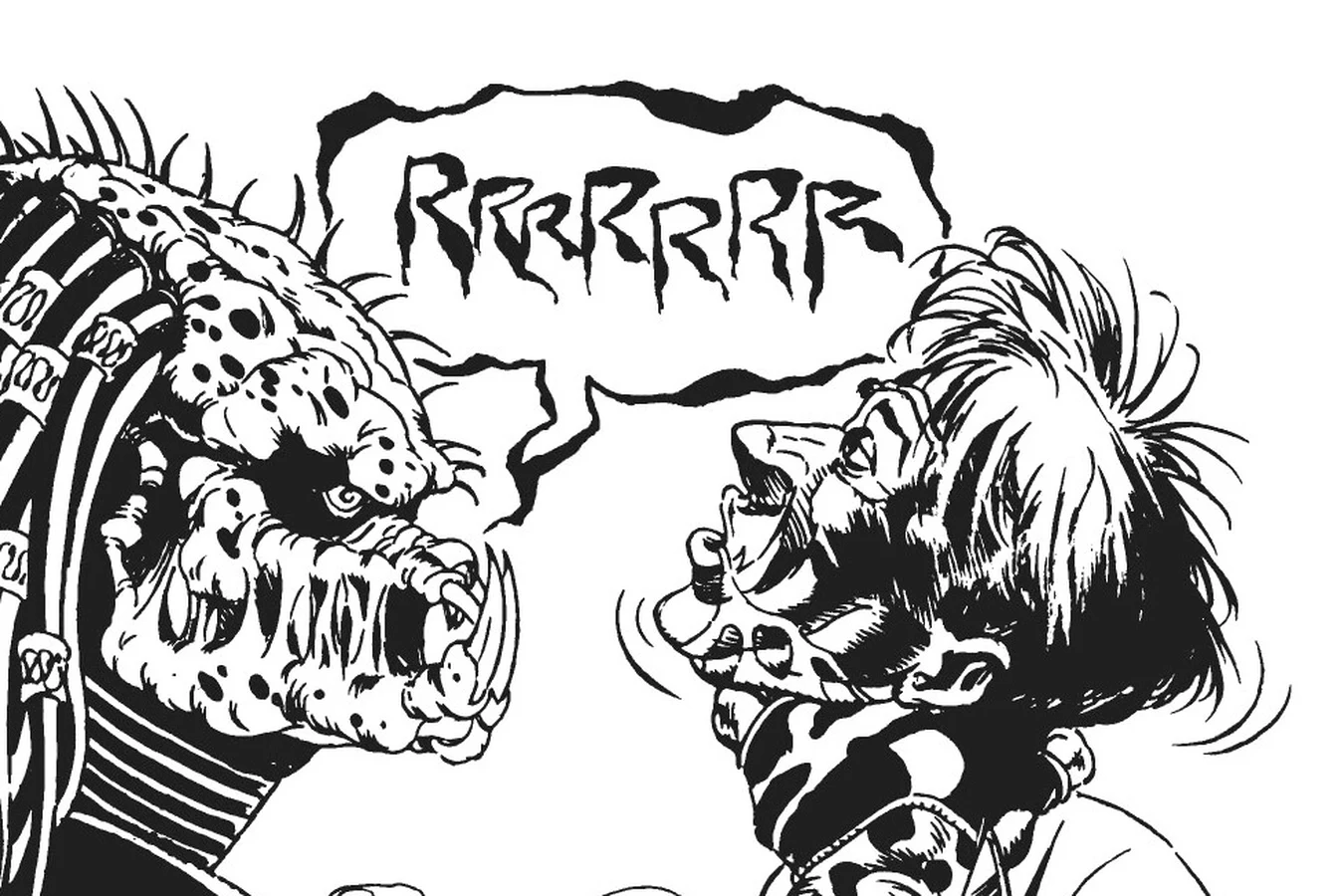 The unmasked Predator growling as it holds the dog handler by the throat in Predator: God's Truth