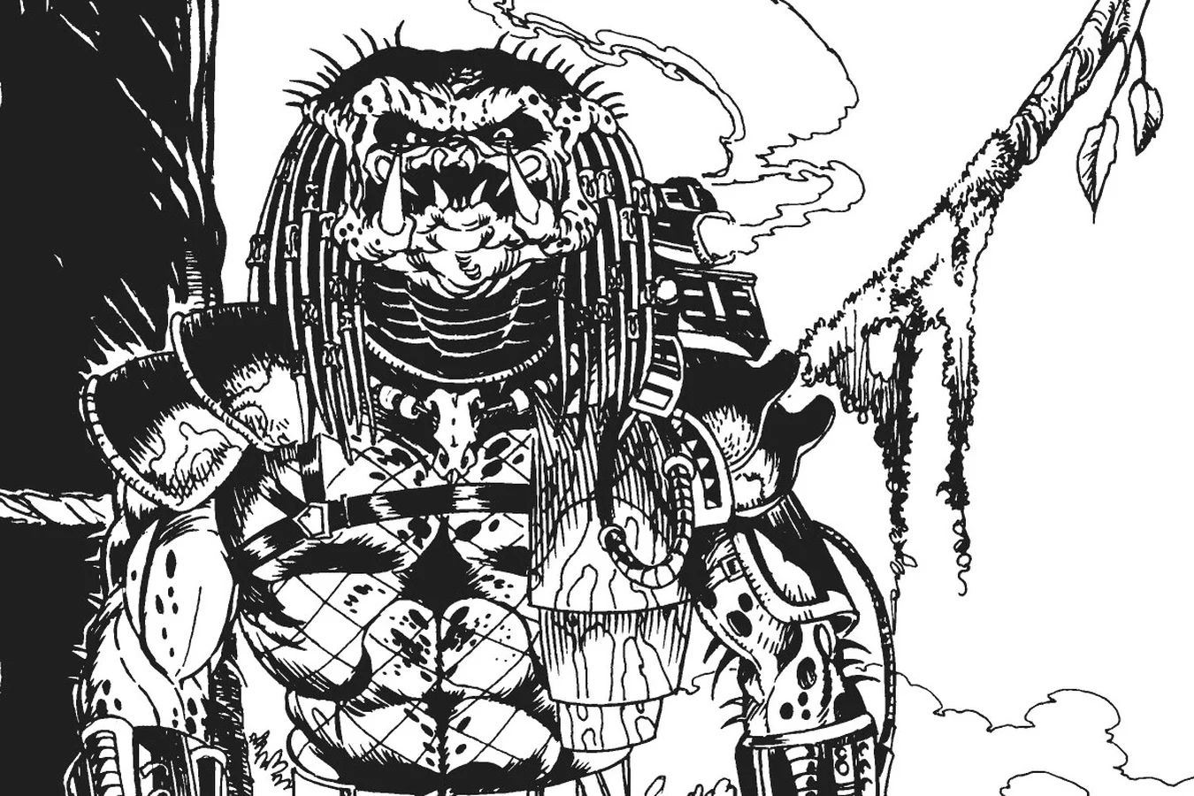 The unmasked Predator standing in the brush as it stares at the snared guard in Predator: God's Truth